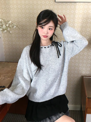 Fluffy Color Block Ribbon Strap Stitch Women's Fit Long Sleeve Knit