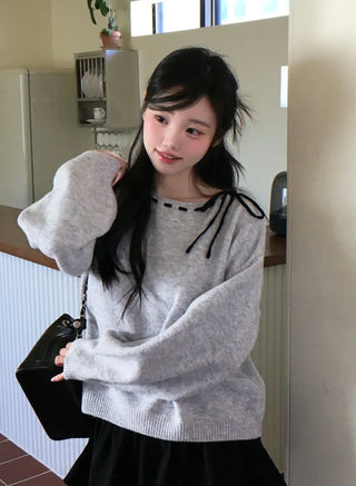 Fluffy Color Block Ribbon Strap Stitch Women's Fit Long Sleeve Knit