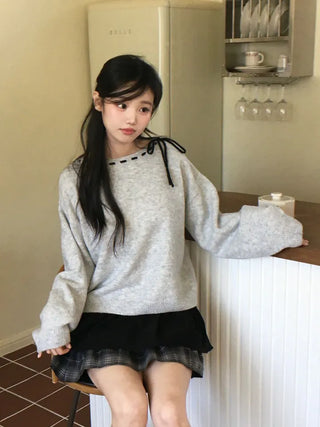 Fluffy Color Block Ribbon Strap Stitch Women's Fit Long Sleeve Knit