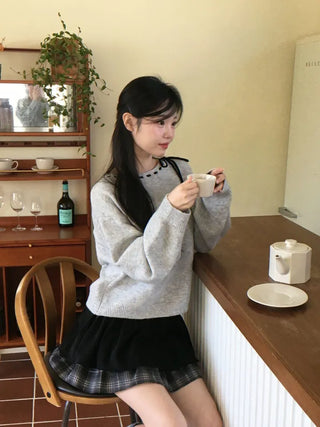 Fluffy Color Block Ribbon Strap Stitch Women's Fit Long Sleeve Knit