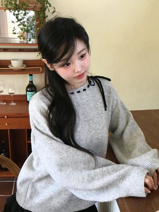 Fluffy Color Block Ribbon Strap Stitch Women's Fit Long Sleeve Knit