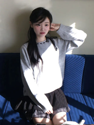 Fluffy Color Block Ribbon Strap Stitch Women's Fit Long Sleeve Knit