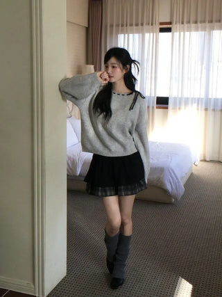 Fluffy Color Block Ribbon Strap Stitch Women's Fit Long Sleeve Knit