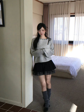 Fluffy Color Block Ribbon Strap Stitch Women's Fit Long Sleeve Knit