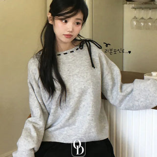 Fluffy Color Block Ribbon Strap Stitch Women's Fit Long Sleeve Knit