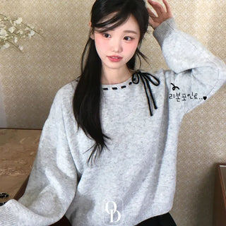 Fluffy Color Block Ribbon Strap Stitch Women's Fit Long Sleeve Knit