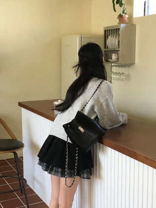 Fluffy Color Block Ribbon Strap Stitch Women's Fit Long Sleeve Knit