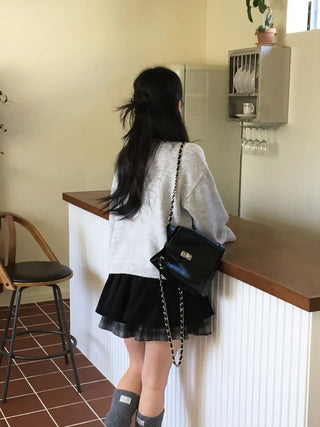 Fluffy Color Block Ribbon Strap Stitch Women's Fit Long Sleeve Knit