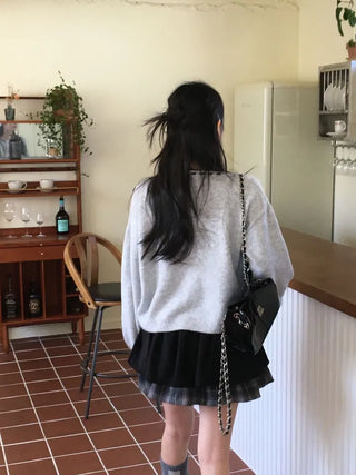 Fluffy Color Block Ribbon Strap Stitch Women's Fit Long Sleeve Knit
