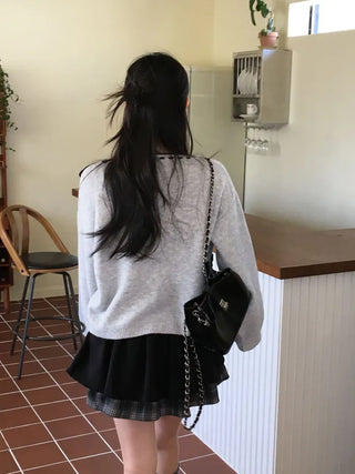 Fluffy Color Block Ribbon Strap Stitch Women's Fit Long Sleeve Knit