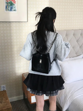 Fluffy Color Block Ribbon Strap Stitch Women's Fit Long Sleeve Knit
