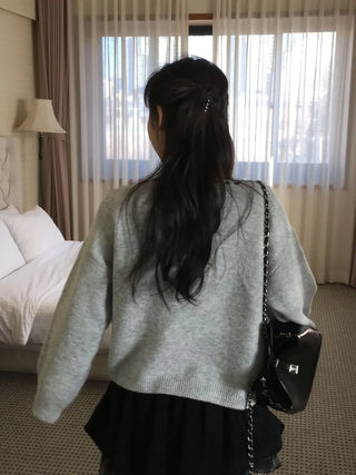 Fluffy Color Block Ribbon Strap Stitch Women's Fit Long Sleeve Knit