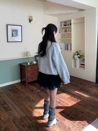 Fluffy Color Block Ribbon Strap Stitch Women's Fit Long Sleeve Knit