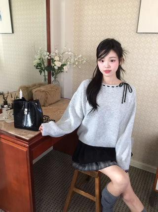 Fluffy Color Block Ribbon Strap Stitch Women's Fit Long Sleeve Knit