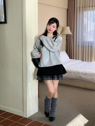 Fluffy Color Block Ribbon Strap Stitch Women's Fit Long Sleeve Knit
