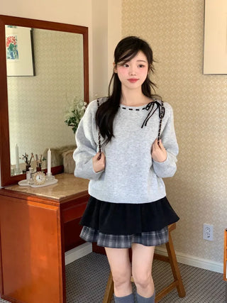 Fluffy Color Block Ribbon Strap Stitch Women's Fit Long Sleeve Knit