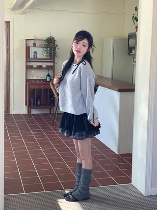 Fluffy Color Block Ribbon Strap Stitch Women's Fit Long Sleeve Knit