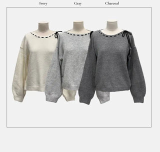 Fluffy Color Block Ribbon Strap Stitch Women's Fit Long Sleeve Knit