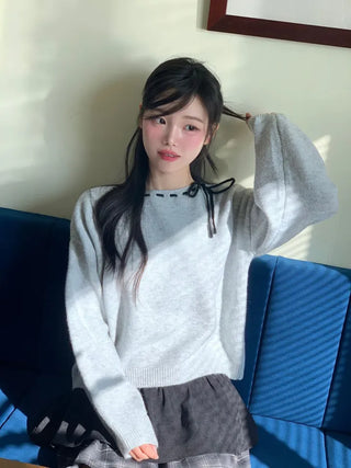 Fluffy Color Block Ribbon Strap Stitch Women's Fit Long Sleeve Knit