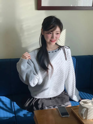 Fluffy Color Block Ribbon Strap Stitch Women's Fit Long Sleeve Knit