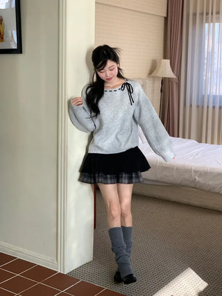 Fluffy Color Block Ribbon Strap Stitch Women's Fit Long Sleeve Knit