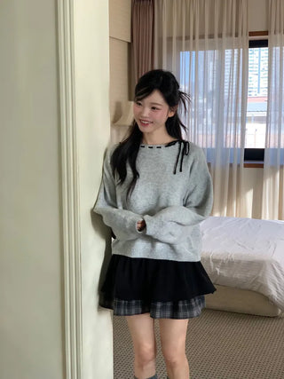 Fluffy Color Block Ribbon Strap Stitch Women's Fit Long Sleeve Knit