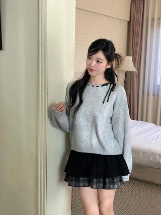 Fluffy Color Block Ribbon Strap Stitch Women's Fit Long Sleeve Knit