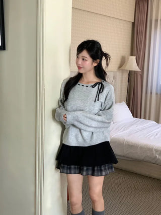 Fluffy Color Block Ribbon Strap Stitch Women's Fit Long Sleeve Knit