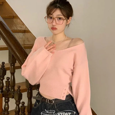 Gel team button V-neck, shibori, mala fit, two-way crop knit,