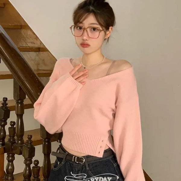 Gel team button V-neck, shibori, mala fit, two-way crop knit,