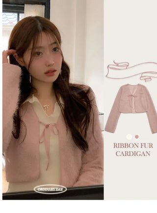 Velma Ribbon Shine Fur Crop Cardigan