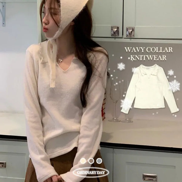 Yunseul Wave Collar Neck Loose Fit Long Sleeve Knit