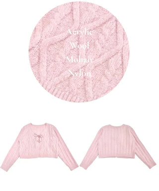 Berry Snow Pastel Delicate Loose Fit Ribbon Eyelet Mohair Twisted Wool Knit V-Neck Cardigan