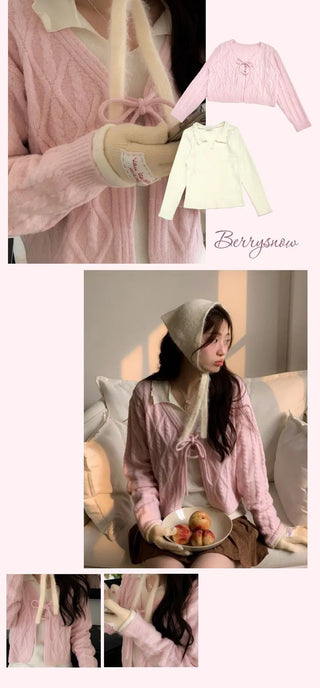 Berry Snow Pastel Delicate Loose Fit Ribbon Eyelet Mohair Twisted Wool Knit V-Neck Cardigan