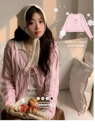 Berry Snow Pastel Delicate Loose Fit Ribbon Eyelet Mohair Twisted Wool Knit V-Neck Cardigan