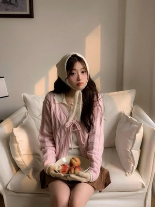 Berry Snow Pastel Delicate Loose Fit Ribbon Eyelet Mohair Twisted Wool Knit V-Neck Cardigan