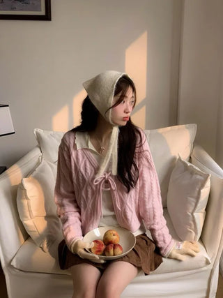Berry Snow Pastel Delicate Loose Fit Ribbon Eyelet Mohair Twisted Wool Knit V-Neck Cardigan