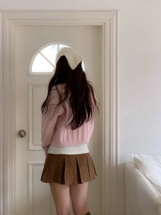 Berry Snow Pastel Delicate Loose Fit Ribbon Eyelet Mohair Twisted Wool Knit V-Neck Cardigan