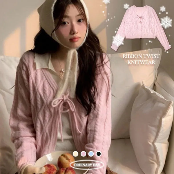 Berry Snow Pastel Delicate Loose Fit Ribbon Eyelet Mohair Twisted Wool Knit V-Neck Cardigan