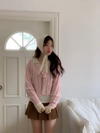 Berry Snow Pastel Delicate Loose Fit Ribbon Eyelet Mohair Twisted Wool Knit V-Neck Cardigan