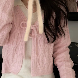 Berry Snow Pastel Delicate Loose Fit Ribbon Eyelet Mohair Twisted Wool Knit V-Neck Cardigan