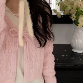 Berry Snow Pastel Delicate Loose Fit Ribbon Eyelet Mohair Twisted Wool Knit V-Neck Cardigan