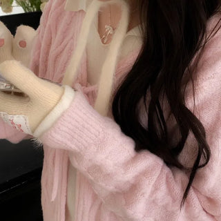 Berry Snow Pastel Delicate Loose Fit Ribbon Eyelet Mohair Twisted Wool Knit V-Neck Cardigan