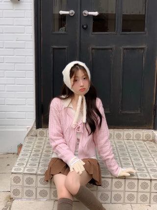 Berry Snow Pastel Delicate Loose Fit Ribbon Eyelet Mohair Twisted Wool Knit V-Neck Cardigan