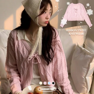 Berry Snow Pastel Delicate Loose Fit Ribbon Eyelet Mohair Twisted Wool Knit V-Neck Cardigan