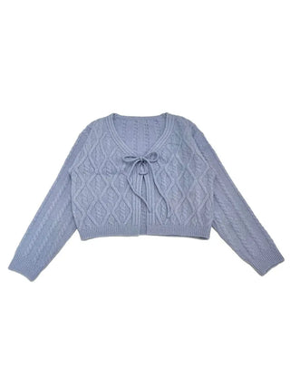 Berry Snow Pastel Delicate Loose Fit Ribbon Eyelet Mohair Twisted Wool Knit V-Neck Cardigan