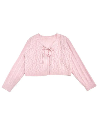 Berry Snow Pastel Delicate Loose Fit Ribbon Eyelet Mohair Twisted Wool Knit V-Neck Cardigan