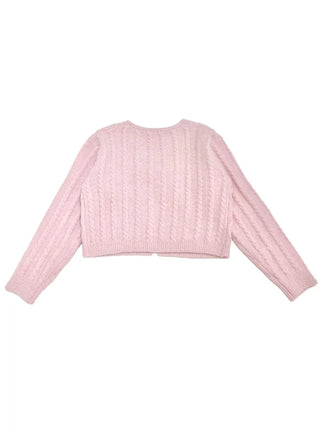 Berry Snow Pastel Delicate Loose Fit Ribbon Eyelet Mohair Twisted Wool Knit V-Neck Cardigan