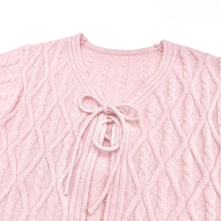 Berry Snow Pastel Delicate Loose Fit Ribbon Eyelet Mohair Twisted Wool Knit V-Neck Cardigan