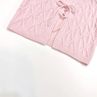 Berry Snow Pastel Delicate Loose Fit Ribbon Eyelet Mohair Twisted Wool Knit V-Neck Cardigan